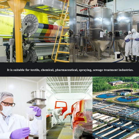 MXBAOHENG air-operated diaphragm pump for chemical transfer; industrial collage with textile machinery and stainless tanks.