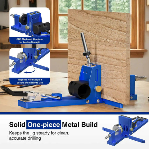 Pocket Hole Jig Kit For Five Eighths Inch To Two Inch Range, Adjustable Pocket Screw Jig System With Vacuum Adapter shown on table