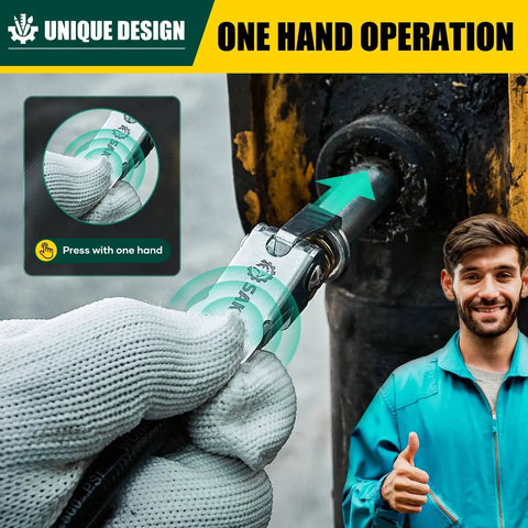 Upgraded 14000 PSI Grease Gun Coupler With Locking Sealing Jaws That Fit All Grease Guns One Eighth Inch NPT Fittings And Fourteen Millimeter Diameter Built From Premium Zinc Coated Alloy Steel for shop or garage use shown in operation.