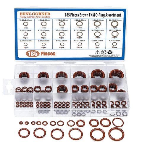 Busy-Corner 185-Piece Brown FKM O-Ring Kit in clear case; AS-568 sizes, 75A, IDs 2.57–20.22 mm, thickness 1.78/2.62/3.53 mm