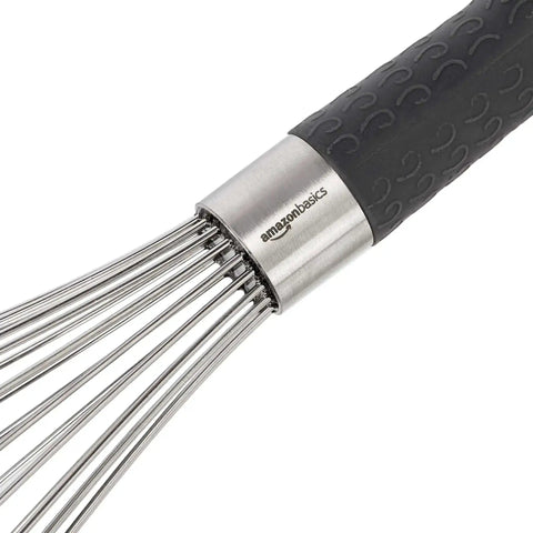 Close-up of a Stainless Steel Balloon Whisk with ergonomic black handle, part of a 3 Piece Set with 9 Inch 10 Inch and 11.5 Inch sizes, dishwasher safe.