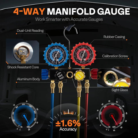 VIVOHOME VG Series 4-Way Manifold Gauge Kit with dual blue and red gauges, aluminum body, 5ft hoses