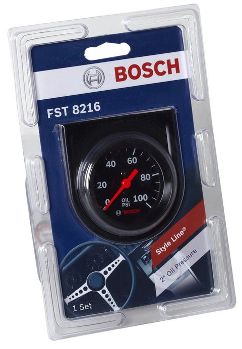 Style Line 2 Inch Mechanical Oil Pressure Gauge with Black Dial and Bezel by Bosch in packaging, showing 0 to 100 PSI range.