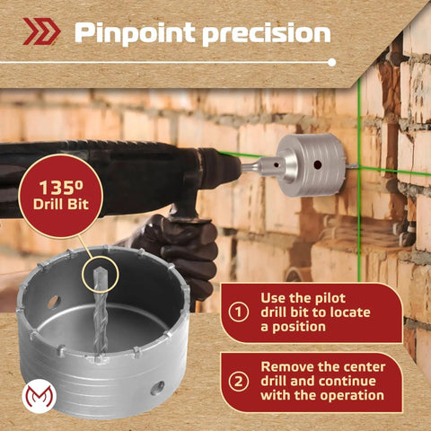 Heavy Duty 17 Piece Concrete Hole Saw Kit With SDS Plus And SDS Max Shanks For Brick Cement Block And Concrete Drilling MonoPro being used on brick wall, focusing on 135° drill bit.