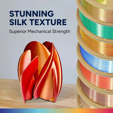 Silk Dual Color PLA Filament 1.75mm Bi Color Glossy Shiny Finish Spool 1kg 2.2Lb For 3D Printing Cosplay Jewelry And Home Decor In Gold And Silver Ideal For Detailed Prototypes And Creative Projects beside colorful sculpture and spools