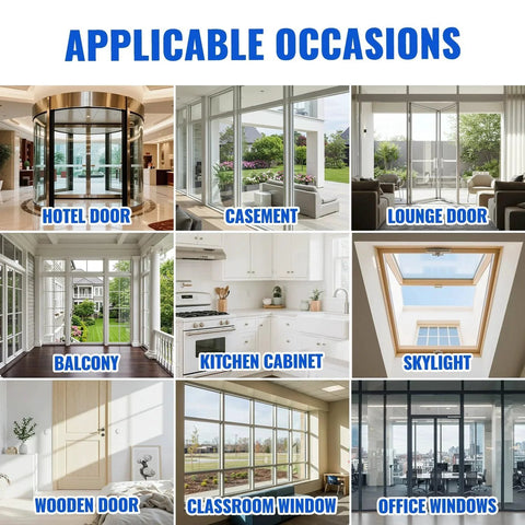 Collage of doors and windows labeled for Weather Stripping Door Draft Stopper and Shower Door Seal Strip for different applications.