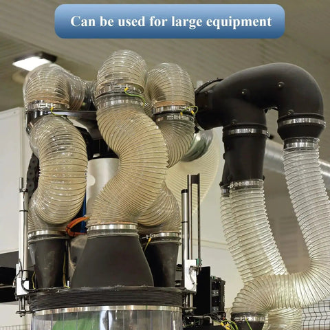 Heavy Duty Dust Collection Hose 2.5 Inch by 10 Ft Flexible Clear PVC Fume Hose with stainless steel wire coil in industrial setup