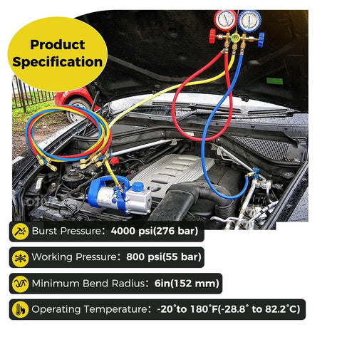 Plus II 1/4 in HVAC refrigerant hose set, 72 in, three color hoses yellow, red, blue with 1/4 in flare fittings for auto AC