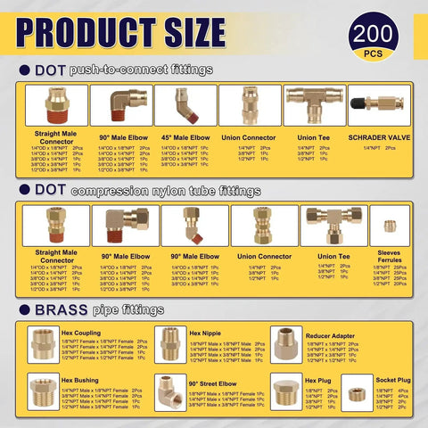 200 Pcs Brass DOT Air Brake Line Fittings And Nylon Tube Compression Fittings Assortment Kit size chart