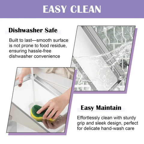 Large Stainless Steel Baking Sheet With Wire Rack Set shown in dishwasher and hand-washing, highlighting easy cleaning feature