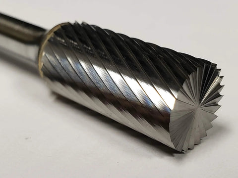 Close-up of SB-5 Cylinder Carbide Burr End Cut Single Cut solid carbide tool for precise deburring and finishing in metalworking.