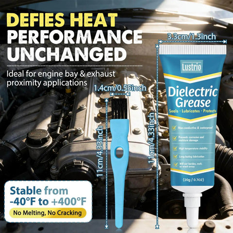 All Weather Waterproof Dielectric Grease With Brush For Automotive Electrical Connectors shown in tube with brush next to engine.