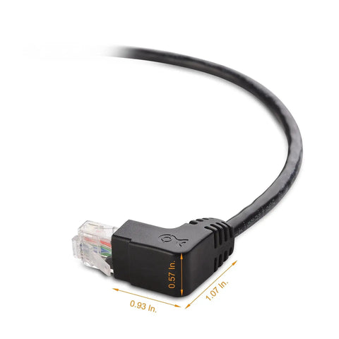 Close-up of 10Gbps Ready Cat 6 Right Angle Ethernet Cable showing 90° down-angled RJ45 connector for tight spaces.
