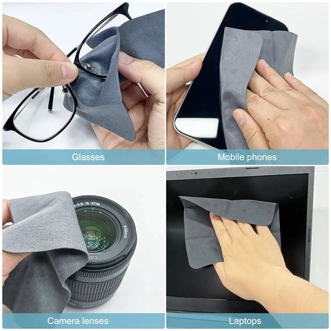 Using Six Pack Microfiber Cleaning Cloths For Screens Lenses And Glasses 6x6 Gray on glasses, phone, camera lens, and laptop.