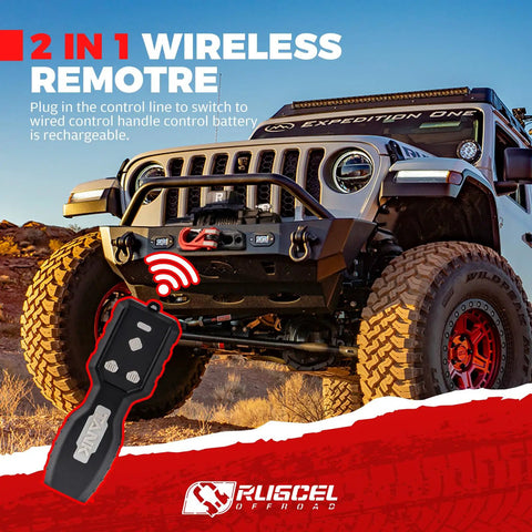 Close-up of a 2 in 1 wireless remote for Beast 13500Lb Waterproof Electric Winch With Synthetic Rope 12V For Truck And SUV Hawse Fairlead 2 In 1 Infrared Remote And Wired Control.