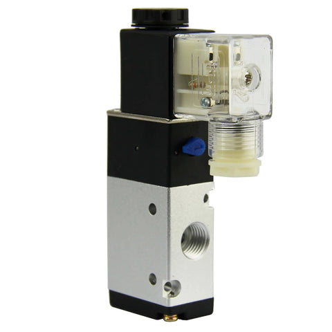 Compact 1/4 Inch NPT 3 Way 2 Position Pneumatic Solenoid Valve DC 12V With Aluminum Body, front view showing IP65 rated design.