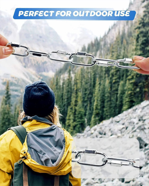 20 Pack Alloy M3.5 D Shape Locking Quick Links One Eighth Inch Chain Repair Links shown in outdoor use with backpack.