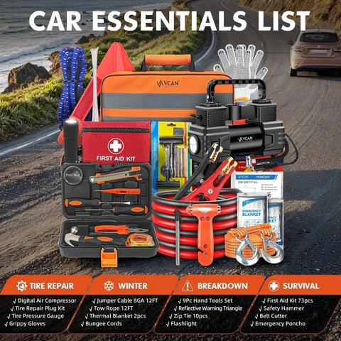 All In One Car Emergency Kit With Portable Air Compressor Jump Cables First Aid Kit And Roadside Safety Tools organized on road.