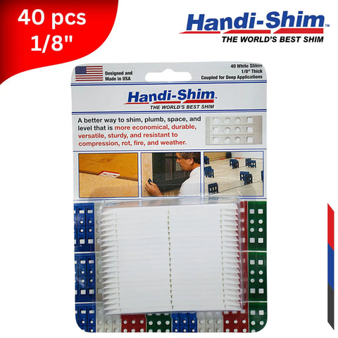 Heavy Duty Reusable Plastic Construction Shims For Spacing And Leveling Great For DIY Projects And Plumbing 40 Piece Pack One Eighth Inch White Handi Shim, front view with packaging.