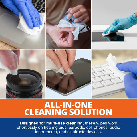 Collage showing uses of Hearing Aid Cleaning Wipes Alcohol Free Individually Wrapped For Hearing Aids on various devices.