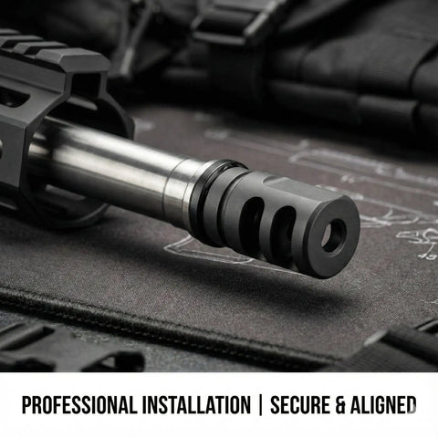 Crush Washer For 5/8-24 Threads For 30 Cal Muzzle Devices 5 Pack Black Oxide Steel Precision Machined Conical Design Corrosion Resistant Ensures Proper Alignment And Reduces Thread Stress installed on rifle barrel, close-up view.