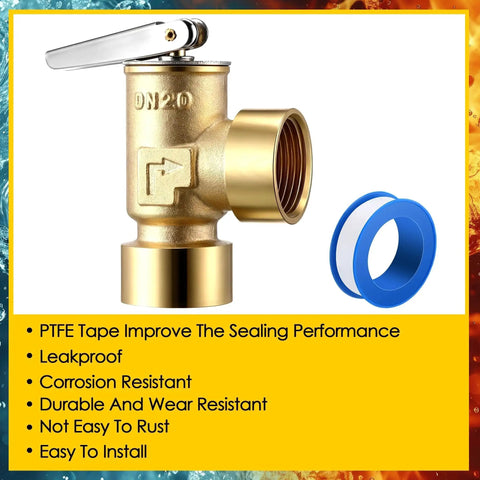 30 PSI Boiler Pressure Relief Valve Three Quarter Inch Female NPT To Three Quarter Inch Female NPT Brass With PTFE Thread Seal Tape For Hot Water And Cold Water Systems Leakproof Replacement, front view with PTFE tape