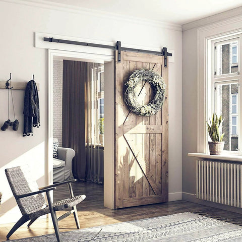 Heavy Duty Sliding Barn Door Hardware Kit For 6-Foot Track System With Smooth Quiet Glide For 36-Inch Doors Two-Piece Rail Black Finish J-Shape