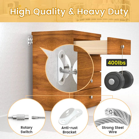Keep Kids And Pets Safe With This 10 Pack Of Furniture Anchors Heavy Duty Anti Tip Straps That Secure Heavy Furniture Up To 400 Lbs White Metal Earthquake Straps For Baby Proofing And Home Safety showing installation on a wooden dresser with wall bracket and steel wire for safety.