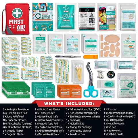 Contents of Compact 175 Piece First Aid Kit With Reflective Bag Design including bandages, scissors, and emergency blanket.