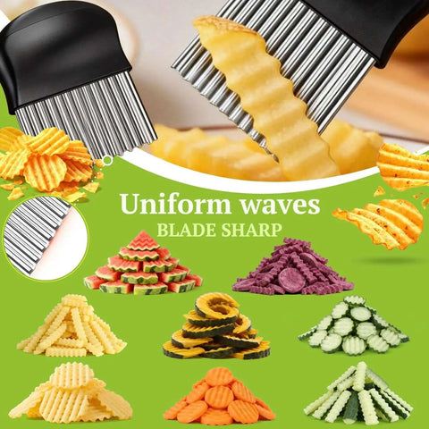 Crinkle Cutter for Potatoes and Veggies That Delivers Fun Grab-and-Go Crinkle Fries, Sharp French Fry Cutter With 304 Stainless Steel Blade, Rust-Resistant, Easy Slicing, Long-Lasting Kitchen Tool by JAYVAR demonstrating crinkle cuts on various veggies.