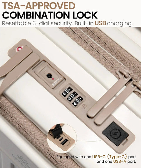 TSA lock with USB ports on Expandable 22x14x9 Carry On Luggage With USB Charging Port Front Pocket And TSA Lock PC Hardside Spinner