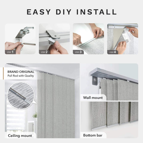 99.99 Percent Blackout Vertical Blinds With Extendable Track, Privacy Curtain Panels, installation steps, wall and ceiling mount.