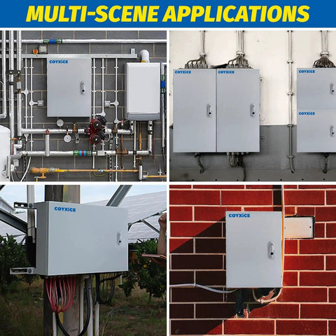 Heavy Duty Steel Electrical Box 16 X 12 X 8 Inches NEMA 4X Weatherproof Junction Enclosure installed in various outdoor settings