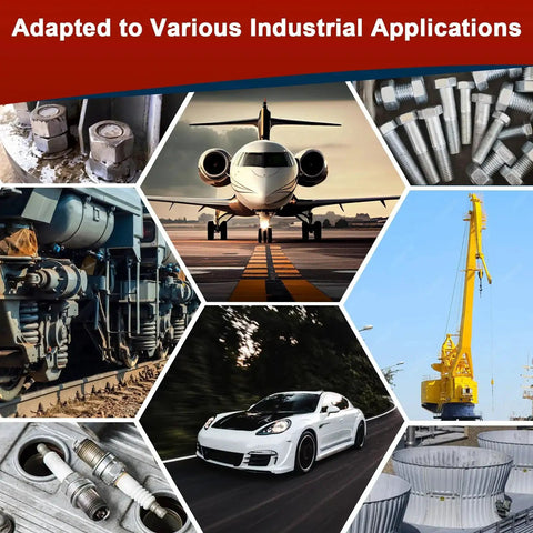 Image collage showcasing various industrial applications for Copper Anti Seize Grease Lubricant For High Temp Spark Plug Bolts 8 Oz Never Seize Compound With Micro Copper Flakes For Electrical Conductivity, Bond Prevention, Rust And Corrosion Protection, No More Sticking Bolts, And Easy Disassembly.
