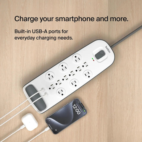 12 Outlet Surge Protector Power Strip With USB Ports, 6 Ft Flat Plug Extension Cord, 3996 Joules Protection, white on table