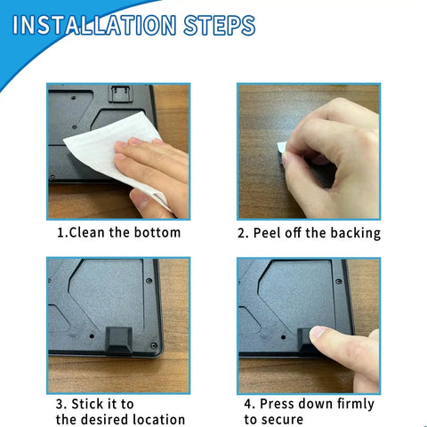 Four-step installation of 32 Piece Self Adhesive Rubber Feet For Electronics Adhesive Bumpers, showing cleaning, peeling, sticking, and pressing.