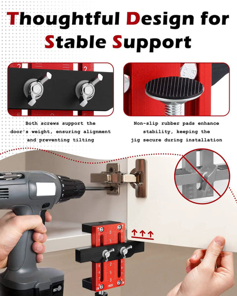 One Hand Hinge Installation Jig For Cabinet Doors A DIY Friendly Drilling Guide For Concealed Hinges Cabinet Door Positioner And Mounting Tool That Keeps Doors Stable And Aligned No More Slips During Quick Precise Hinge Hole Drilling And Solo shown in use securing cabinet door