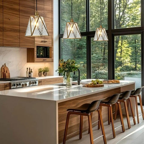 Copper Brass Pendant Light With Water Ripple Glass Lampshade, 10.2 Inch Geometric Pendant Lighting over kitchen island