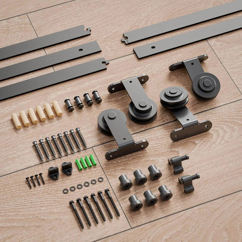 Components of 6.6Ft Bypass Sliding Barn Door Hardware Kit For Two Doors Single Track System With Top Mount Hanger, black steel parts on wood floor