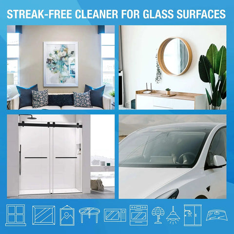 Streak Free Glass Cleaning Wipes For Mirrors Windows Kitchen Car 60 Count, showcasing clean windows, mirror, shower door, and car glass