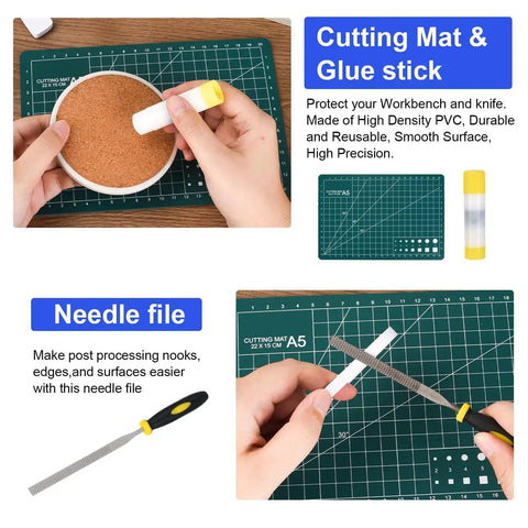 All In One 3D Printer Tools Kit With 55 Pieces For Post Processing Including Deburring Tool Caliper Art Knife Set Tube Cutter And Storage Bag Pro Grade For DIYers Cleaning Finishing And Maintaining Your Prints showing cutting mat, glue stick, and needle file.