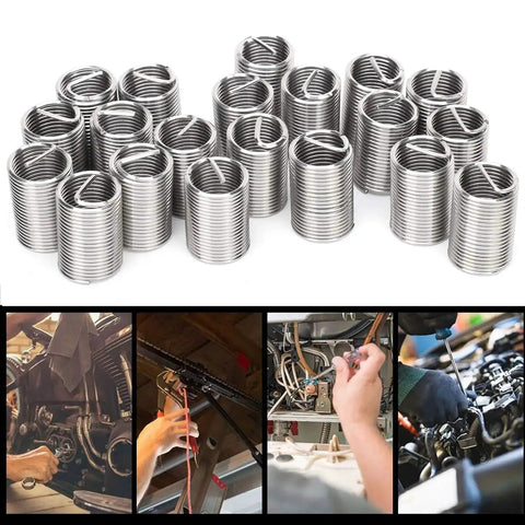 Heavy Duty Pro Grade 20 Piece 304 Stainless Steel Wire Thread Inserts Kit M12 x 1.25 Helicoil Style Sleeves For Quick Thread Repair And Conversion In Metal Fasteners displayed with automotive repair applications.