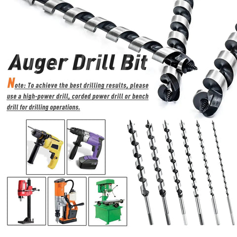 Six Piece Twelve Inch Long Auger Drill Bit Set With Hex Shank from One Quarter to Seven Eighth Inch for various tools shown