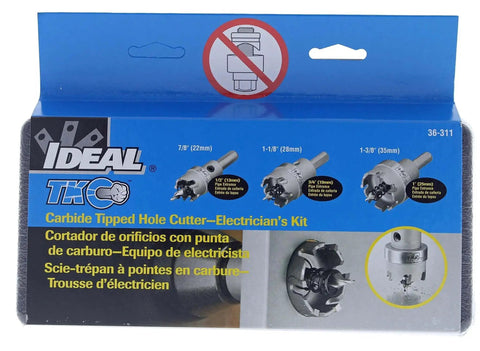 Packaging of TKO Carbide Tipped Hole Cutter Kit 4 Piece Set With Smooth Start Pilot Bit And Carry Case For Clean Precise Holes