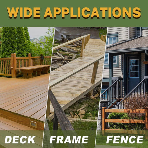 Wooden deck, frame, and fence illustrating uses for One And A Half Inch Exterior Wood Screws Deck Screws Size 8 Epoxy Coated Tan