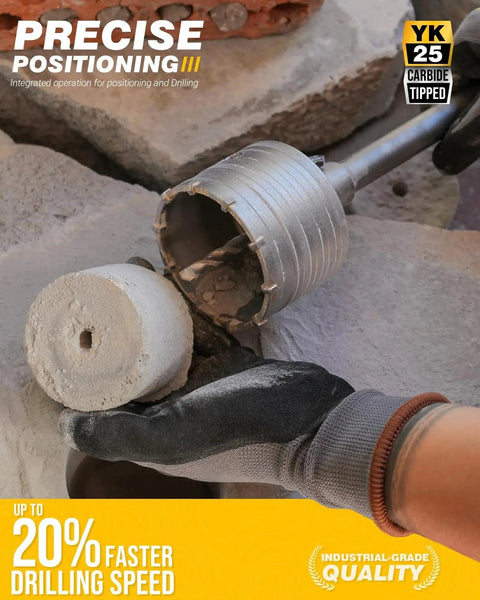 13 Piece Concrete Hole Saw Kit With Tungsten Carbide Bits 30mm To 110mm Masonry Hole Saws being used to drill through concrete.