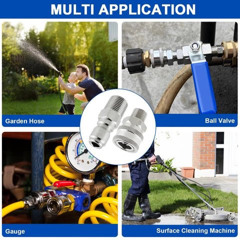 Heavy-Duty 8-Piece Pressure Washer Quick Connect Kit with 3/8 Inch Stainless Steel Hose Fittings in use for garden and cleaning