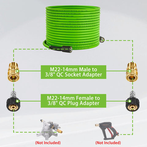 PWACCS 50 ft green 1/4 in pressure washer hose with two M22 to 3/8 QC adapters.