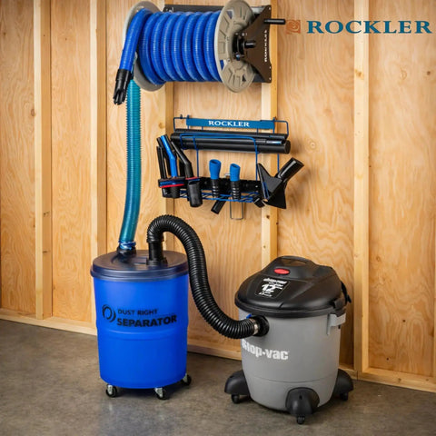 Shop Vacuum Hose Reel With 40 Ft Of 1.5 In Hose Wall Mount Steel Frame Adjustable Tension Knob Easy Install Dust Collector Accessory