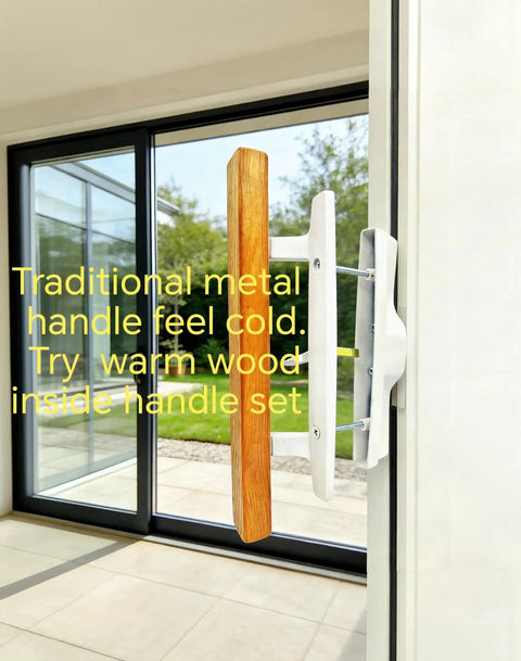 Sliding Patio Door Handle Replacement Set With Wood Interior Pull And White Zinc Diecast Pull And Chrome Plated Brackets Fits Three Point Nine Seven Five Inch Screw Hole Space Non Key Design White Brackets Cost Effective Upgrade For Worn Or Broken Patio installed view